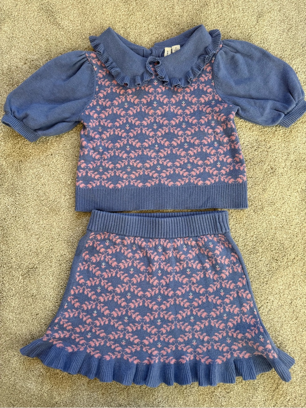 Janie and Jack Girls Size 6 Sweater Knit Top Skirt Set Blue Pink Floral Ruffle